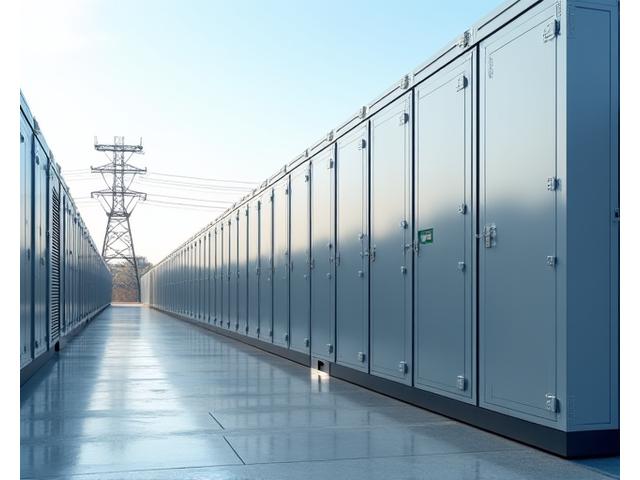 Large-scale battery energy storage system with modular units in an industrial setting.