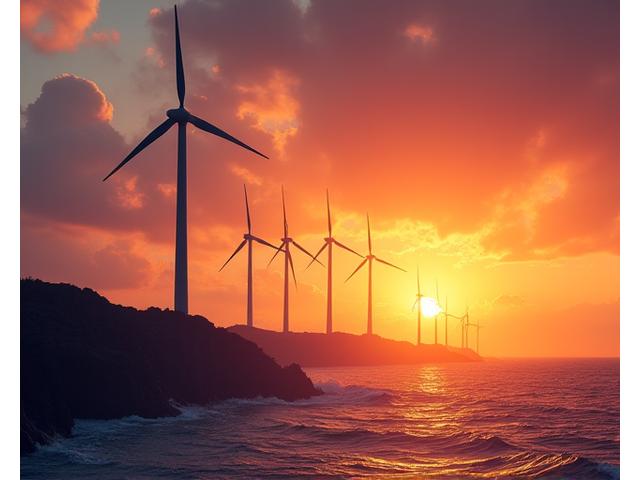 Several modern wind turbines along a picturesque coastline at sunset, generating clean electricity.