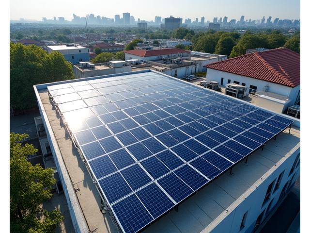Commercial building rooftop with solar panels installed, showing sustainable business practices.