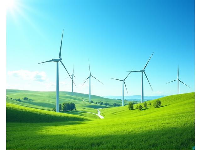 Onshore wind farm with several turbines against a clear blue sky, demonstrating clean energy generation.