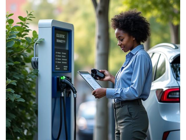 Electric vehicle charging station infrastructure and a consultant reviewing energy data on a tablet.