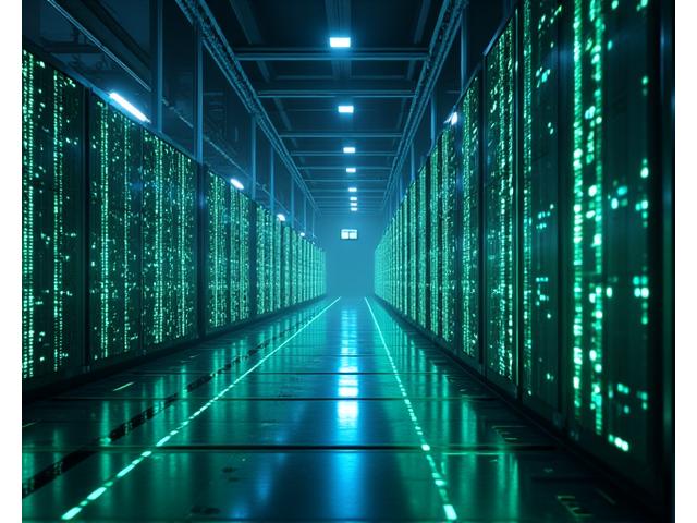 Futuristic smart grid infrastructure with energy storage batteries, showing interconnected technology.