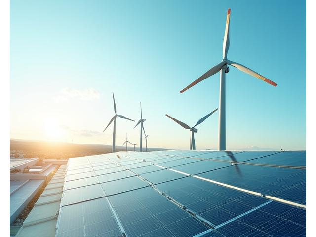 Solar panels on a rooftop and wind turbines in a field, symbolizing renewable energy solutions.